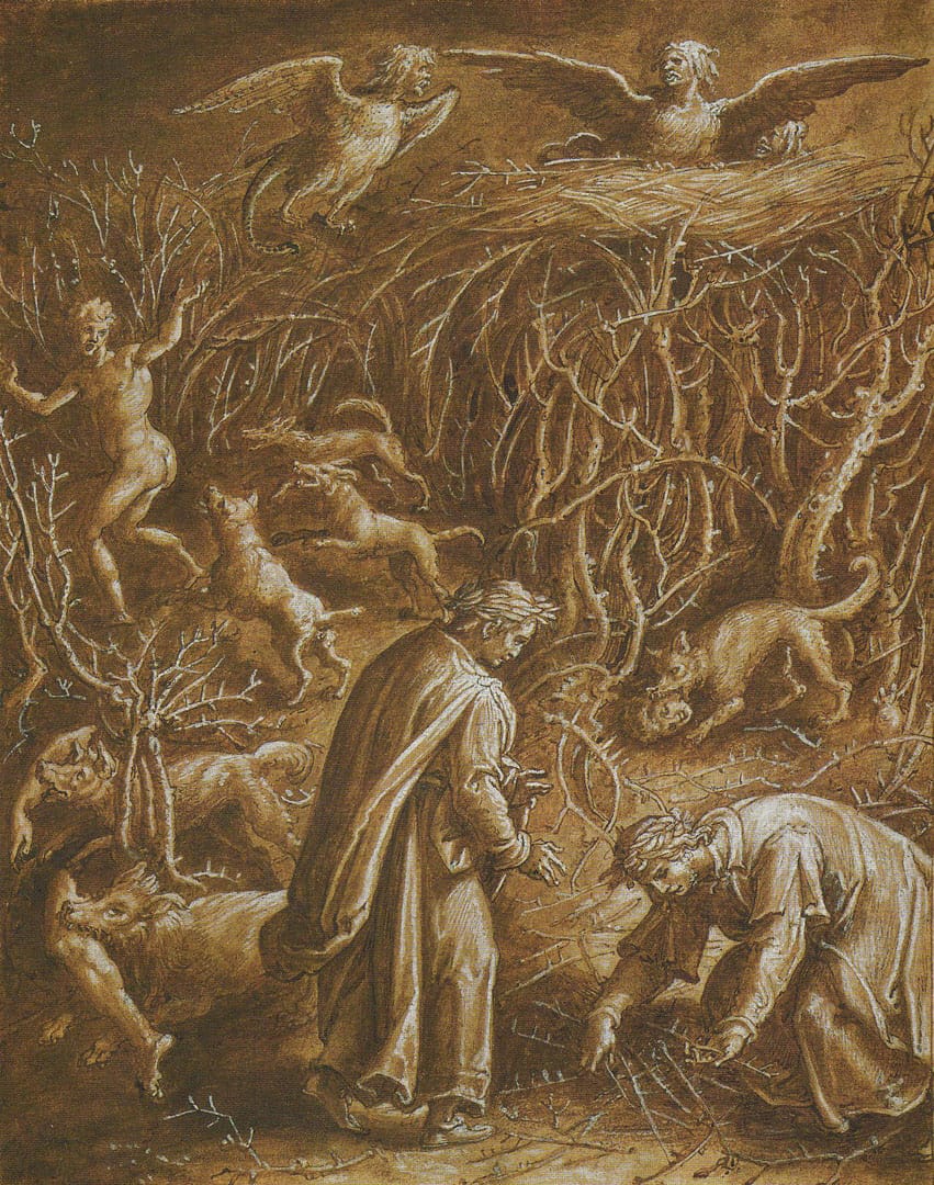 Illustration of Dante's Inferno (spendthrifts), Canto 13, Giovanni Stradano