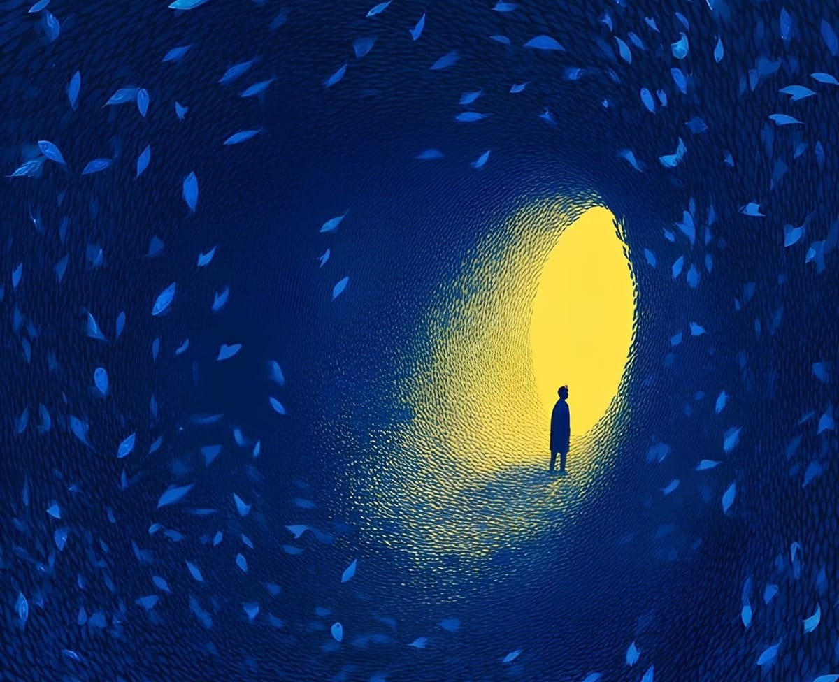 A solitary soul walks through deep blue grief toward a distant golden light. Love endures, transformed. A pulse waiting.