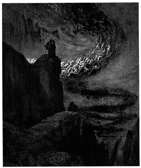 Gustave Doré’s illustration of Inferno. Plate XIV: Canto V, a hurricane of souls.