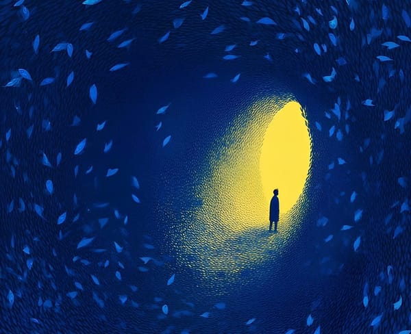 A solitary soul walks through deep blue grief toward a distant golden light. Love endures, transformed. A pulse waiting.